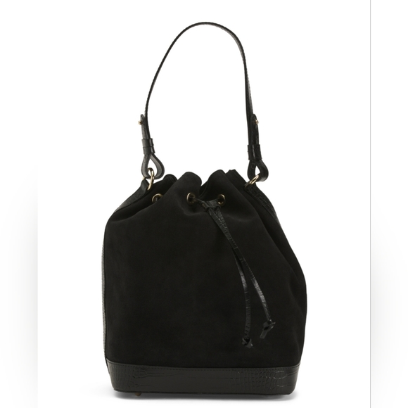 ISADORA Made in Italy Genuine Suede, Croco Trim Bucket Bag, Black NWT - Picture 4 of 14